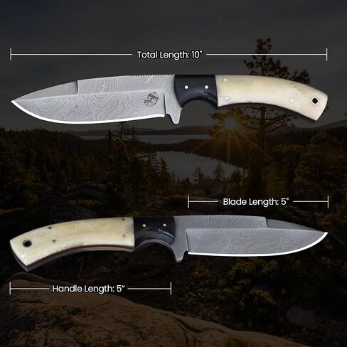 Knives Ranch Handmade Damascus Camping & Survival Knife - Full Tang Bone & Micarta Handle - Heavy Duty Bushcraft Tool with Genuine Leather Sheath (2073-B) in Saudi Arabia