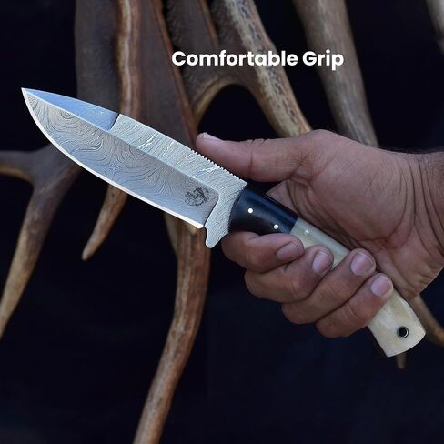 Knives Ranch Handmade Damascus Camping & Survival Knife - Full Tang Bone & Micarta Handle - Heavy Duty Bushcraft Tool with Genuine Leather Sheath (2073-B) in Saudi Arabia