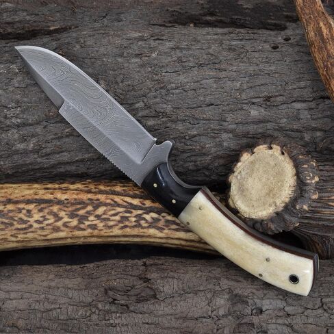 Knives Ranch Handmade Damascus Camping & Survival Knife - Full Tang Bone & Micarta Handle - Heavy Duty Bushcraft Tool with Genuine Leather Sheath (2073-B) in Saudi Arabia