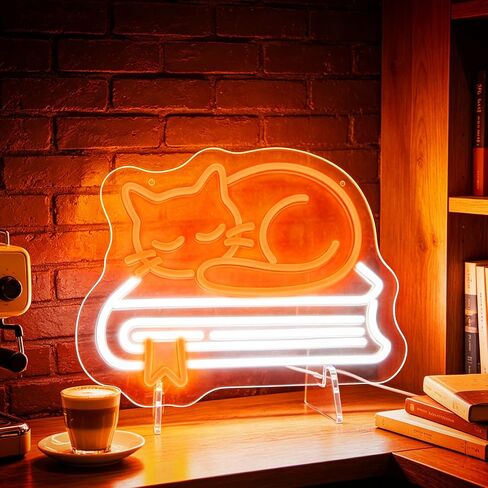 Cat and Book Neon Signs for Wall Decor, Dimmable LED Neon Lights, USB Powered Light Up Sign for Bedroom Bookstore Library Classroom Reading Corner, Gift for Cat Book Lover in Kuwait