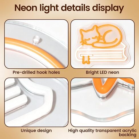 Cat and Book Neon Signs for Wall Decor, Dimmable LED Neon Lights, USB Powered Light Up Sign for Bedroom Bookstore Library Classroom Reading Corner, Gift for Cat Book Lover in Kuwait