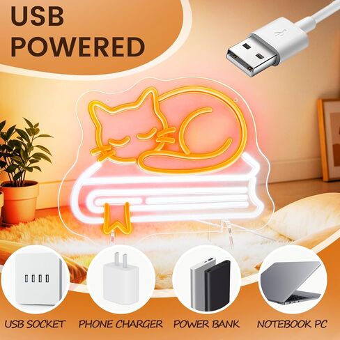 Cat and Book Neon Signs for Wall Decor, Dimmable LED Neon Lights, USB Powered Light Up Sign for Bedroom Bookstore Library Classroom Reading Corner, Gift for Cat Book Lover in Kuwait
