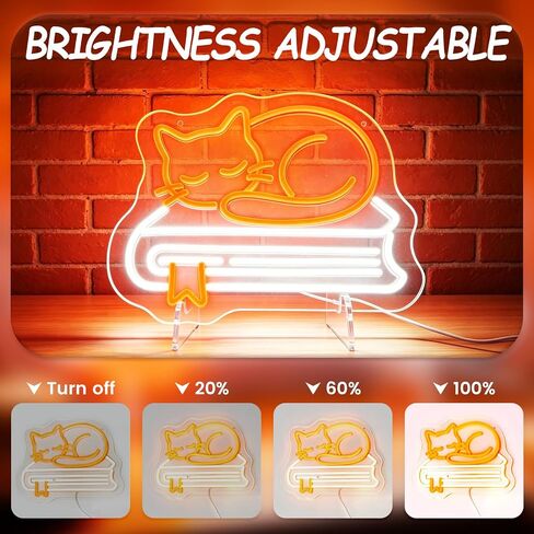 Cat and Book Neon Signs for Wall Decor, Dimmable LED Neon Lights, USB Powered Light Up Sign for Bedroom Bookstore Library Classroom Reading Corner, Gift for Cat Book Lover in Kuwait