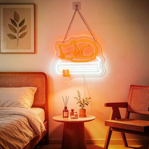 Cat and Book Neon Signs for Wall Decor, Dimmable LED Neon Lights, USB Powered Light Up Sign for Bedroom Bookstore Library Classroom Reading Corner, Gift for Cat Book Lover in Kuwait