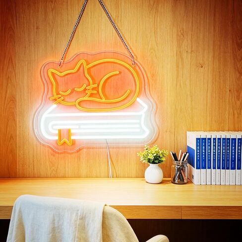 Cat and Book Neon Signs for Wall Decor, Dimmable LED Neon Lights, USB Powered Light Up Sign for Bedroom Bookstore Library Classroom Reading Corner, Gift for Cat Book Lover in Kuwait