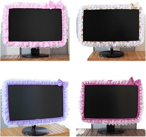 Monitor Cover 4 pcs Lace Fabric Computer Frame Cover Monitor Screen Dust With Elastic Pen Pocket Bow Home Decorations For Pc, Tablet, Tv, Lcd(VIOLET) in Saudi Arabia