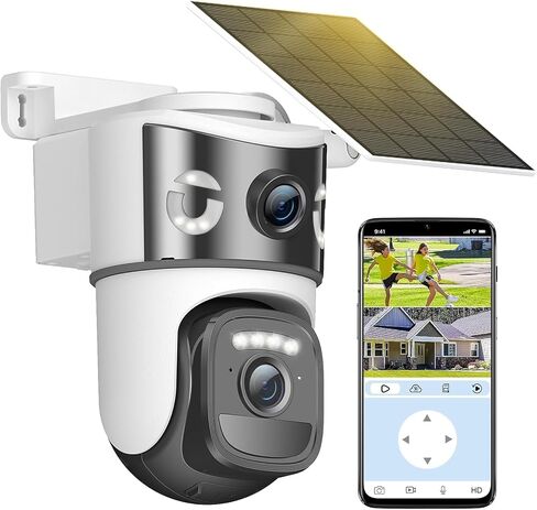 4K Dual Lens Solar Security Cameras Wireless Outdoor, 2.4G WiFi Camera Eurveillance Exterieur, 360° PTZ Solar Powered Security Camera with Color Night Vision, PIR Sensor, Spotlight Siren, 2-Way Audio in Kuwait