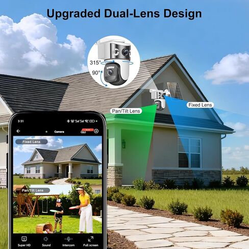 4K Dual Lens Solar Security Cameras Wireless Outdoor, 2.4G WiFi Camera Eurveillance Exterieur, 360° PTZ Solar Powered Security Camera with Color Night Vision, PIR Sensor, Spotlight Siren, 2-Way Audio in Kuwait