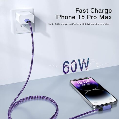 كابل Teeind USB C إلى USB C: [6 أقدام/3 عبوات/60 واط] شاحن من النوع C مجدول من النايلون شحن سريع بزاوية قائمة USBC إلى USBC كابل شاحن سلك لهاتف iPhone 16 Pro Max 15 S25 Ultra S24 iPad Pro MacBook in Kuwait