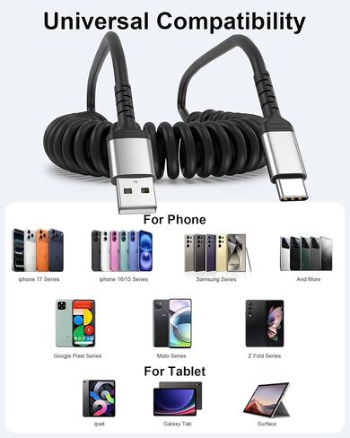Car Carplay Cable 2Pack 3ft Coiled USB A to USB C Cable for Android Auto CarPlay, USB C Car Cable Fast Charging for iPhone 17 16 15 Samsung Galaxy S25 S24 S23, USB C Cable Coiled in Saudi Arabia