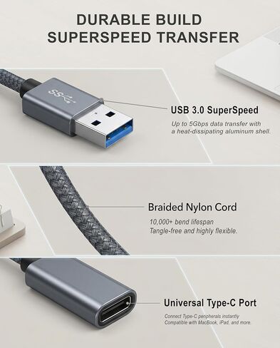 USB C Female to USB Male Adapter Cable, 10Gbps High Speed Flexible Type C to USB A Extender, Aluminum Braided, 3A Charging, Compatible with MagSafe, Quest Link, PC, Laptop, SSD in Kuwait