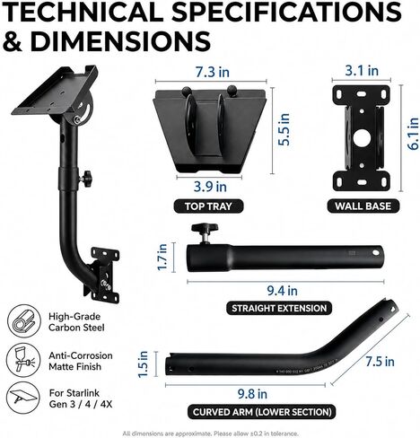 Starlink Gen 3 Wall Mount, Heavy Duty Curved Mounting Kit for Starlink Standard Gen 3/4/4X, 360° Adjustable Roof Wall Satellite Dish Bracket with Pipe Adapter, Outdoor Metal Mount for Home RV in Saudi Arabia