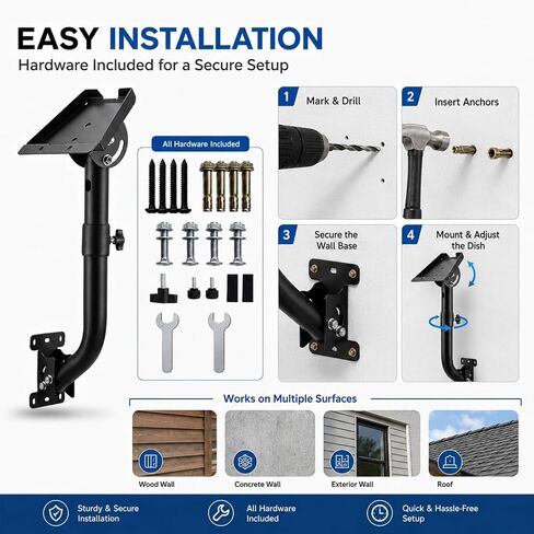Starlink Gen 3 Wall Mount, Heavy Duty Curved Mounting Kit for Starlink Standard Gen 3/4/4X, 360° Adjustable Roof Wall Satellite Dish Bracket with Pipe Adapter, Outdoor Metal Mount for Home RV in Saudi Arabia