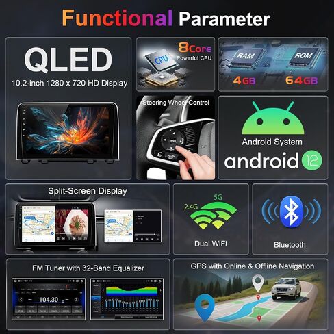 8 Core Car Stereo Radio for Honda CRV 2017-2021, 4+64G 10" QLED Touch Screen Car Radio with Wireless Carplay/Android Auto with WiFi GPS Navigation, Bluetooth, SWC/AM FM Radio in Kuwait