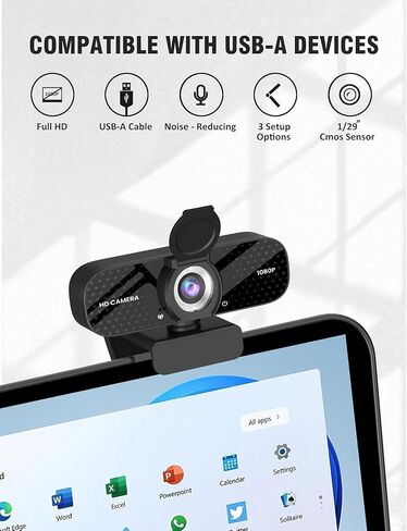 Full HD 1080P Webcam with Built-in Mic Wide Angle & Auto Focus Privacy Cover for PC/Laptop Plug & Play USB Camera Black in Kuwait
