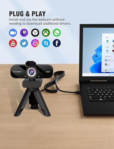 Full HD 1080P Webcam with Built-in Mic Wide Angle & Auto Focus Privacy Cover for PC/Laptop Plug & Play USB Camera Black in Kuwait
