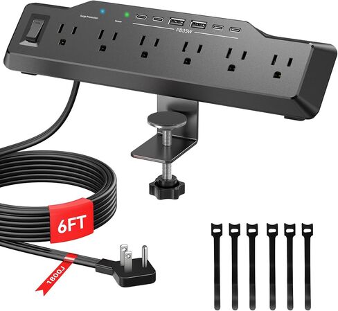 Desk Clamp Power Strip Surge Protector with 1800J, 6 Ft Mount Power Strip 6 Outlets and 6 USB (Any C Port 35W) for Laptop, Home Office Dorm, Fits 1.96" Table Edge in Kuwait