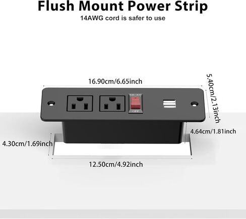Recessed Power Strip with Switch Flush Mount Hidden Charging Station with USB Plug Multiple Surge Protector Outlet Extender with Extension Cord for Furniture Nightstand Bed Conference Table (Black) in Kuwait