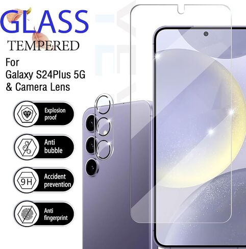 Galaxy S24 Plus Screen Protector + Camera Lens Protector, [2 +2 Pack] [Ultrasonic Fingerprint Unlock] Full Coverage Tempered Glass Screen Protector For Samsung Galaxy S24 Plus in Kuwait