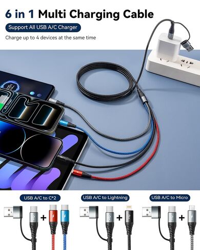 Dual Type-C 4 in 2 Multi Charging Cable,[2Pack 6Ft] Multiple Charger Cord in Kuwait