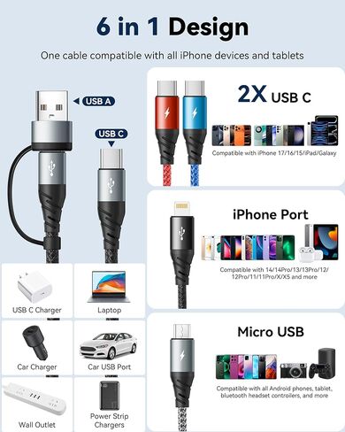 Dual Type-C 4 in 2 Multi Charging Cable,[2Pack 6Ft] Multiple Charger Cord in Kuwait