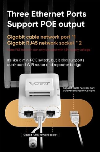 VONETS VAR1800-H Industrial Gigabit WiFi Bridge, 5.8GHz 1800Mbps, 12-48V Wide Voltage, PoE Support, 3 x Gigabit Ethernet Ports, Point to Point WiFi Bridge for IP Camera/PLC/Access Control in Saudi Arabia