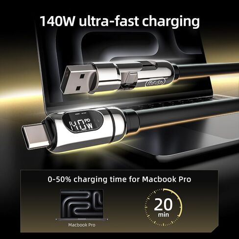 MFish 2-in-1 USB C to USB C Cable, LED Wattage Display, 140W Max, 4 ft in Kuwait