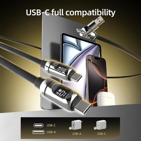 MFish 2-in-1 USB C to USB C Cable, LED Wattage Display, 140W Max, 4 ft in Kuwait