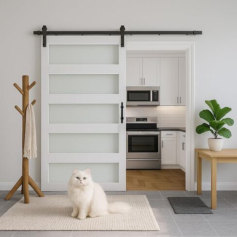 S&Z TOPHAND® 21in x 84in Glass Sliding MDF Barn Door with Sliding Door Hardware Kit, 5 Tempered Frosted Glass, Slab Inside Covered with Water-Proof PVC Surface, Simple DIY Assembly in Kuwait