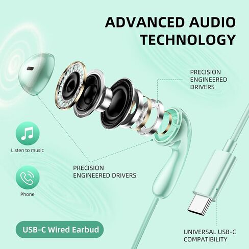 Jelanry USB-C Wired Earbuds Semi-in Ear Headphones with Microphone - Mint in Kuwait