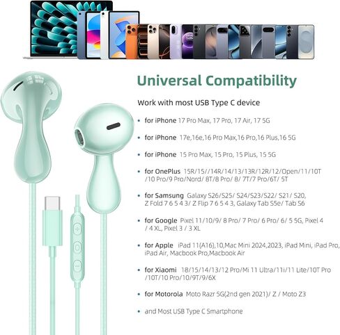 Jelanry USB-C Wired Earbuds Semi-in Ear Headphones with Microphone - Mint in Kuwait