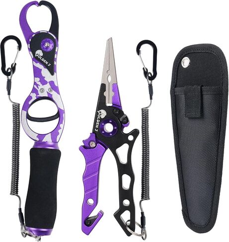 Golden J Fish Lip Gripper & Multi-Function Fishing Pliers Set - High-Strength Aluminum & Stainless Steel, Hook Remover, Split Ring Pliers, Line Cutter, Ideal for Ice, Surf, Lure Fishing in Kuwait