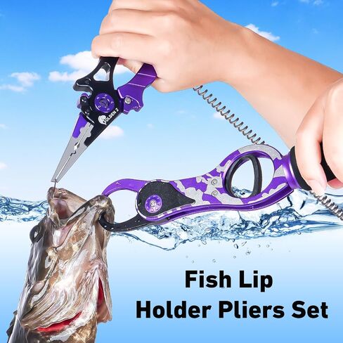 Golden J Fish Lip Gripper & Multi-Function Fishing Pliers Set - High-Strength Aluminum & Stainless Steel, Hook Remover, Split Ring Pliers, Line Cutter, Ideal for Ice, Surf, Lure Fishing in Kuwait