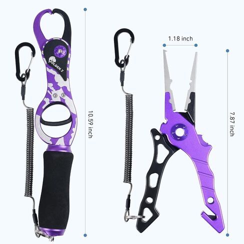 Golden J Fish Lip Gripper & Multi-Function Fishing Pliers Set - High-Strength Aluminum & Stainless Steel, Hook Remover, Split Ring Pliers, Line Cutter, Ideal for Ice, Surf, Lure Fishing in Kuwait
