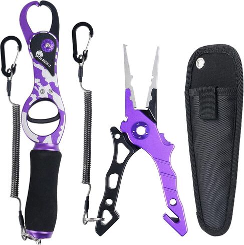 Golden J Fish Lip Gripper & Multi-Function Fishing Pliers Set - High-Strength Aluminum & Stainless Steel, Hook Remover, Split Ring Pliers, Line Cutter, Ideal for Ice, Surf, Lure Fishing in Kuwait