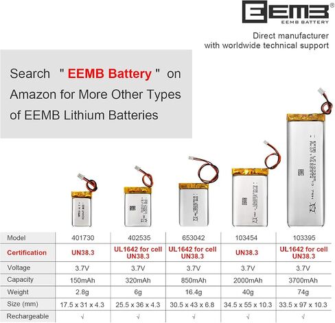 EEMB 3.7V 401730 LiPo Battery 150mAh Rechargeable with Wire JST 1.25mm in Kuwait