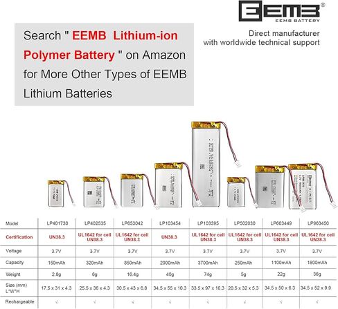 EEMB 3.7V 401730 LiPo Battery 150mAh Rechargeable with Wire JST 1.25mm in Kuwait