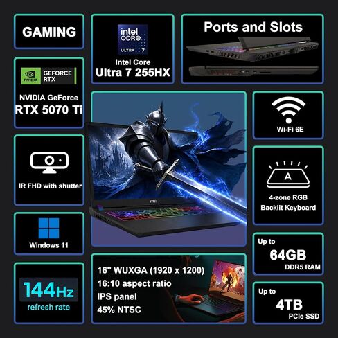 iCarp Customized Laptop Made with MSI Vector 16 Gaming Laptop 16" WUXGA 144Hz Intel Ultra 7 255HX 20-core 16GB/32GB/64GB DDR5 512GB/1TB/2TB/4TB GeForce RTX 5070 ti (992 AI Tops) Backlit Win11 in Kuwait