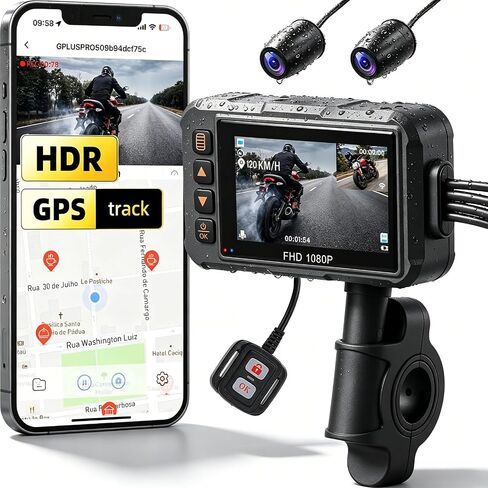 SIXTOP Motorcycle Dash Cam Front and Rear, 1080P+1080P Dual Recording Motorbike DVR System with GPS, WiFi App Control, IP65 Waterproof 3 Inch IPS Screen Night Vision G-Sensor Loop Recording Wide Angle in Kuwait