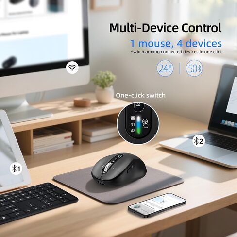 INFINMIND Wireless Bluetooth Mouse,USB+BT×2,Multi Device Ergo Computer Mouses,Metal 4-Way Super wheel,± 3K DPI,9 Buttons,Quiet,Rechargeable,USB Cordless Mice for Laptop,Tablet,Mac,iPad,PC,Phone (Grey) in Saudi Arabia