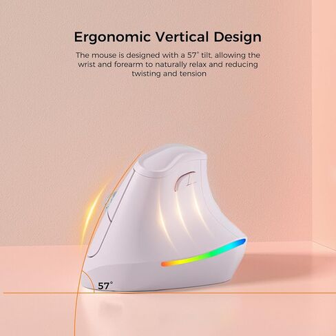 KYSONA 57° Wireless Ergonomic Mouse, Vertical Mouse, Carpal Tunnel Mouse, RGB Light, Rechargeable, Bluetooth & 2.4G, 5-Level DPI Adjustment, Quiet Click Ergo Mice Compatible with PC/Laptop/Mac, Pink in Kuwait