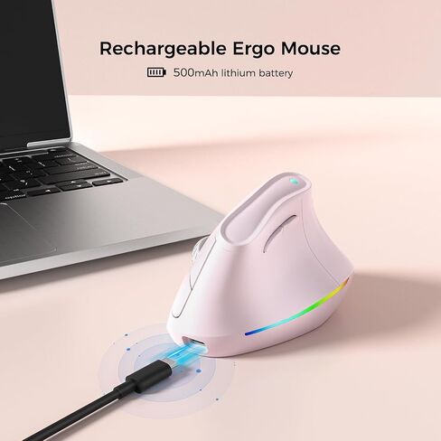KYSONA 57° Wireless Ergonomic Mouse, Vertical Mouse, Carpal Tunnel Mouse, RGB Light, Rechargeable, Bluetooth & 2.4G, 5-Level DPI Adjustment, Quiet Click Ergo Mice Compatible with PC/Laptop/Mac, Pink in Kuwait