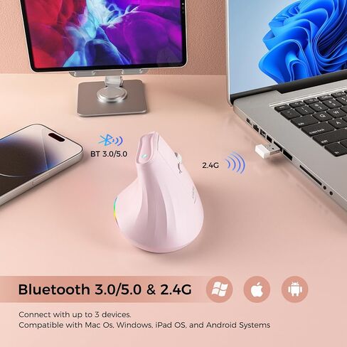 KYSONA 57° Wireless Ergonomic Mouse, Vertical Mouse, Carpal Tunnel Mouse, RGB Light, Rechargeable, Bluetooth & 2.4G, 5-Level DPI Adjustment, Quiet Click Ergo Mice Compatible with PC/Laptop/Mac, Pink in Kuwait