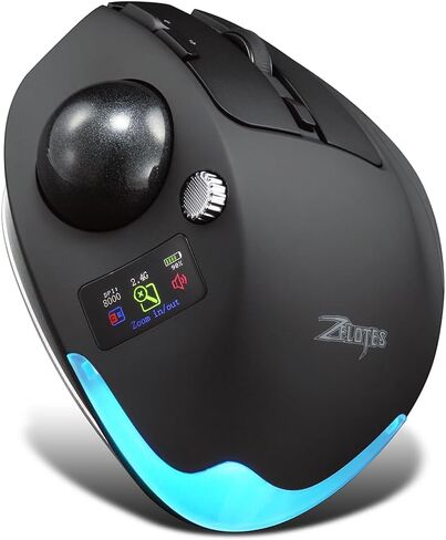zelotes Wireless Trackball Mouse with Display,Ergonomic Bluetooth Mouse,Rechargeable,4800 DPI, 3-in-1(BT +2.4GHz USB Receiver+Type-C), 8 Programmable Buttons,LED Lighting,for Laptop, PC, Pad,Black in Saudi Arabia