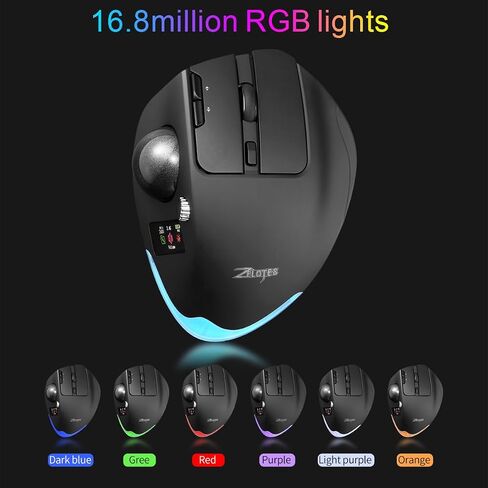zelotes Wireless Trackball Mouse with Display,Ergonomic Bluetooth Mouse,Rechargeable,4800 DPI, 3-in-1(BT +2.4GHz USB Receiver+Type-C), 8 Programmable Buttons,LED Lighting,for Laptop, PC, Pad,Black in Saudi Arabia