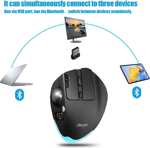 zelotes Wireless Trackball Mouse with Display,Ergonomic Bluetooth Mouse,Rechargeable,4800 DPI, 3-in-1(BT +2.4GHz USB Receiver+Type-C), 8 Programmable Buttons,LED Lighting,for Laptop, PC, Pad,Black in Saudi Arabia