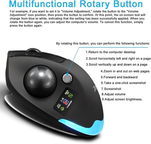 zelotes Wireless Trackball Mouse with Display,Ergonomic Bluetooth Mouse,Rechargeable,4800 DPI, 3-in-1(BT +2.4GHz USB Receiver+Type-C), 8 Programmable Buttons,LED Lighting,for Laptop, PC, Pad,Black in Saudi Arabia