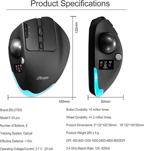 zelotes Wireless Trackball Mouse with Display,Ergonomic Bluetooth Mouse,Rechargeable,4800 DPI, 3-in-1(BT +2.4GHz USB Receiver+Type-C), 8 Programmable Buttons,LED Lighting,for Laptop, PC, Pad,Black in Saudi Arabia