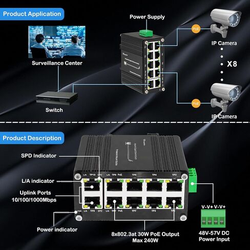 Hardened Industrial Gigabit 10 Ports Ethernet PoE+ Switch 10/100/1000BASE-T, 8-Port 802.3at PoE Up to 240-watt PoE Budget & 2-Port Uplink, DIN-Rail Compact Network Switch with Auto-MDI/MDI-X Function in Kuwait