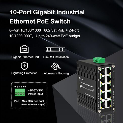 Hardened Industrial Gigabit 10 Ports Ethernet PoE+ Switch 10/100/1000BASE-T, 8-Port 802.3at PoE Up to 240-watt PoE Budget & 2-Port Uplink, DIN-Rail Compact Network Switch with Auto-MDI/MDI-X Function in Kuwait
